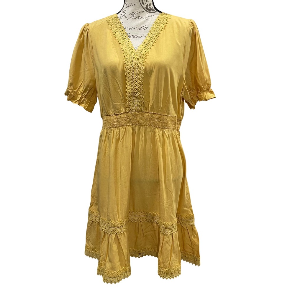 Allegra K Fit & Flare Dress Women L Yellow Lace Trim Crochet Smocked Waist‎ Boho
